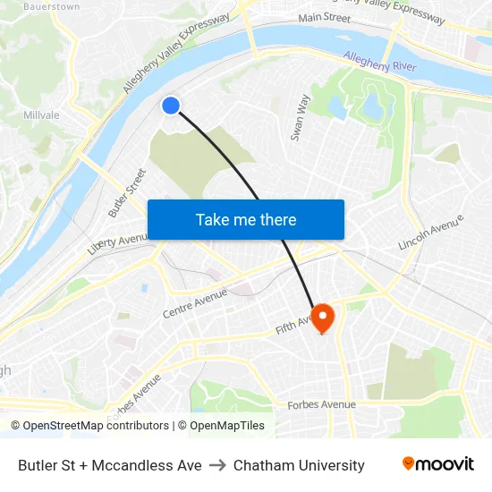 Butler St + Mccandless Ave to Chatham University map