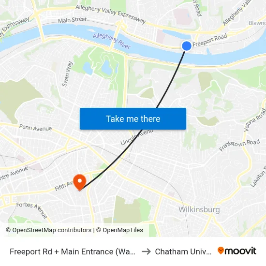 Freeport Rd + Main Entrance (Waterworks) to Chatham University map
