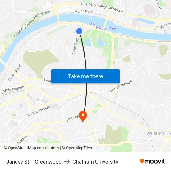 Jancey St + Greenwood to Chatham University map
