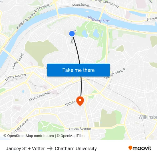 Jancey St + Vetter to Chatham University map