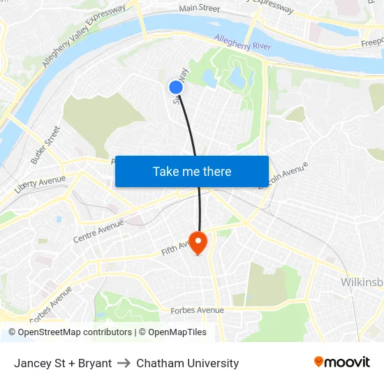 Jancey St + Bryant to Chatham University map
