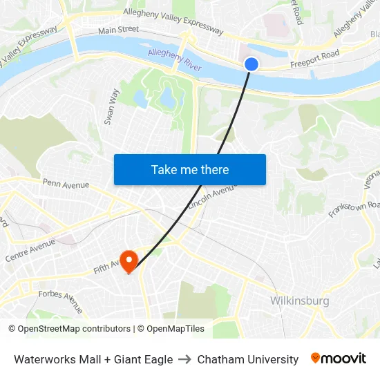 Waterworks Mall + Giant Eagle to Chatham University map