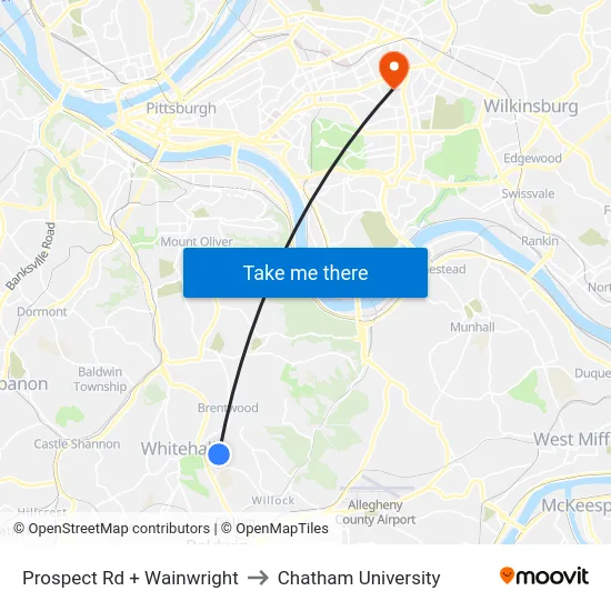 Prospect Rd + Wainwright to Chatham University map