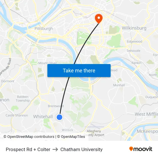 Prospect Rd + Colter to Chatham University map