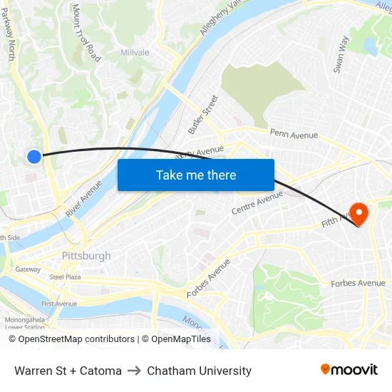 Warren St + Catoma to Chatham University map