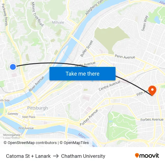 Catoma St + Lanark to Chatham University map