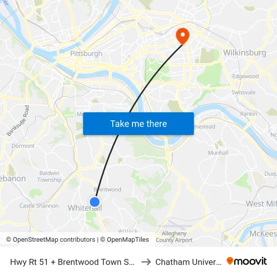 Hwy Rt 51 + Brentwood Town Square to Chatham University map