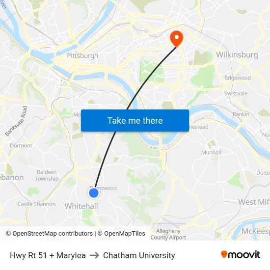 Hwy Rt 51 + Marylea to Chatham University map