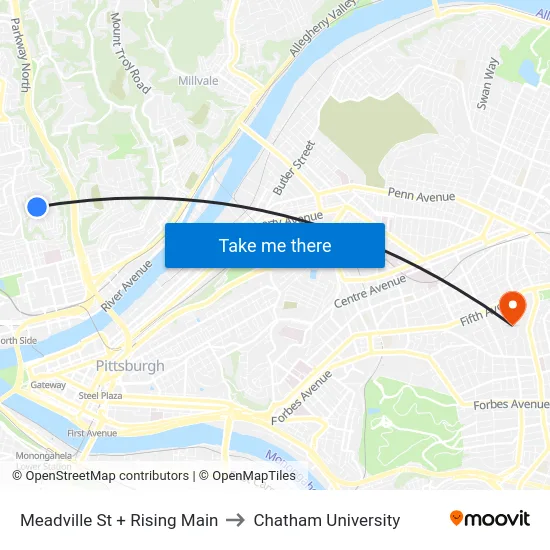 Meadville St + Rising Main to Chatham University map