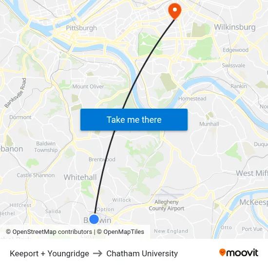 Keeport + Youngridge to Chatham University map
