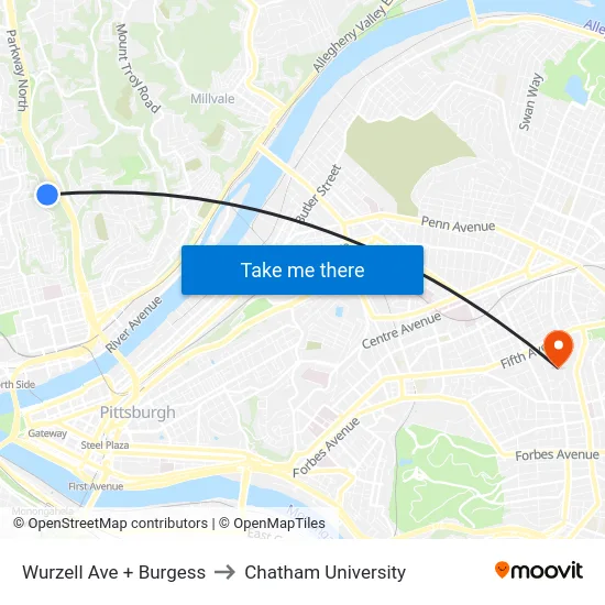Wurzell Ave + Burgess to Chatham University map