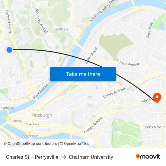 Charles St + Perrysville to Chatham University map