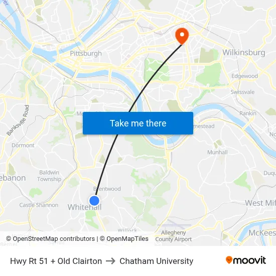 Hwy Rt 51 + Old Clairton to Chatham University map