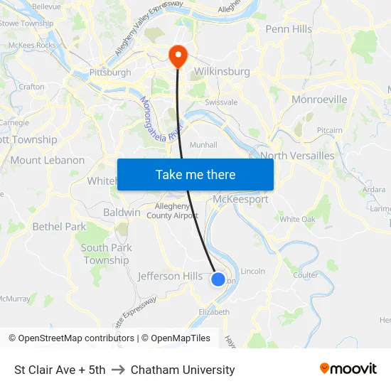 St Clair Ave + 5th to Chatham University map