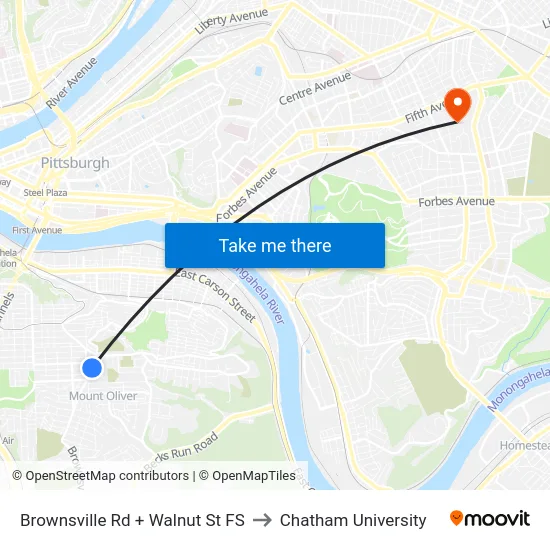 Brownsville Rd + Walnut St FS to Chatham University map
