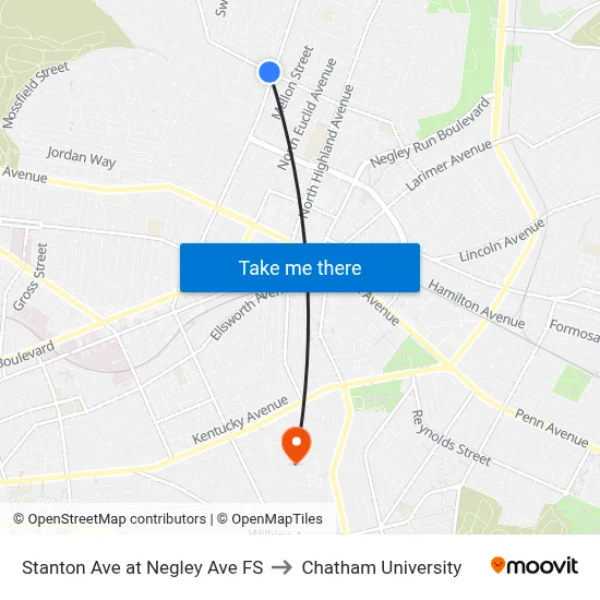 Stanton Ave at Negley Ave FS to Chatham University map