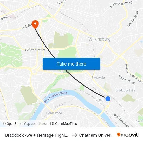 Braddock Ave + Heritage Highlands to Chatham University map