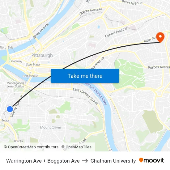 Warrington Ave + Boggston Ave to Chatham University map