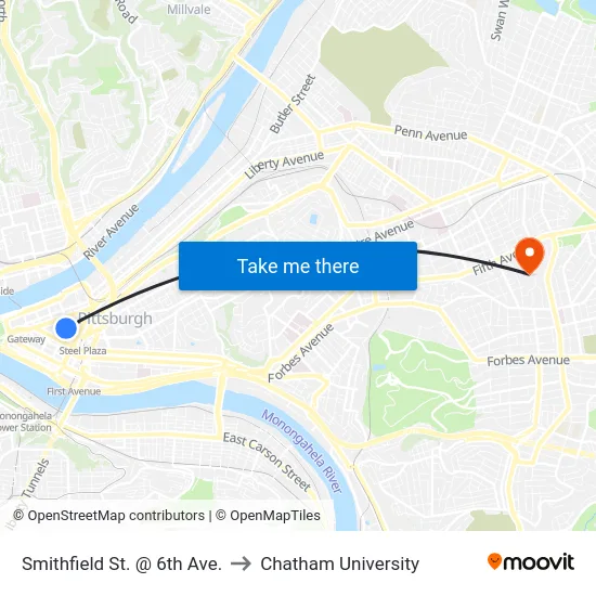Smithfield St. @ 6th Ave. to Chatham University map