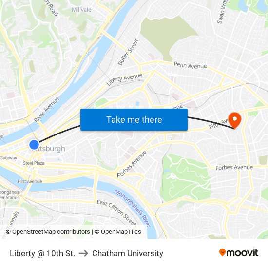 Liberty @ 10th St. to Chatham University map