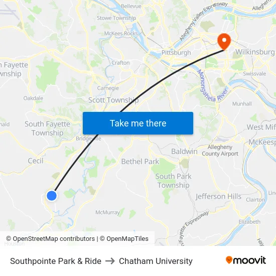 Southpointe Park & Ride to Chatham University map