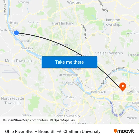 Ohio River Blvd + Broad St to Chatham University map