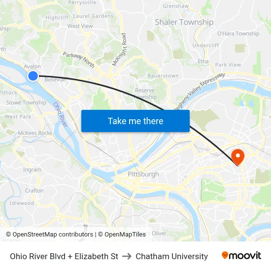Ohio River Blvd + Elizabeth St to Chatham University map