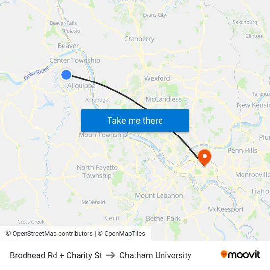 Brodhead Rd + Charity St to Chatham University map