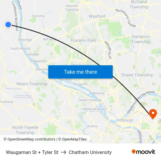 Waugaman St + Tyler St to Chatham University map