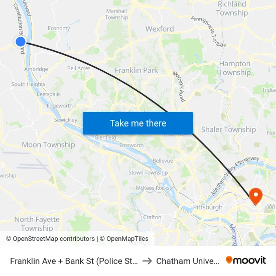 Franklin Ave to Chatham University map