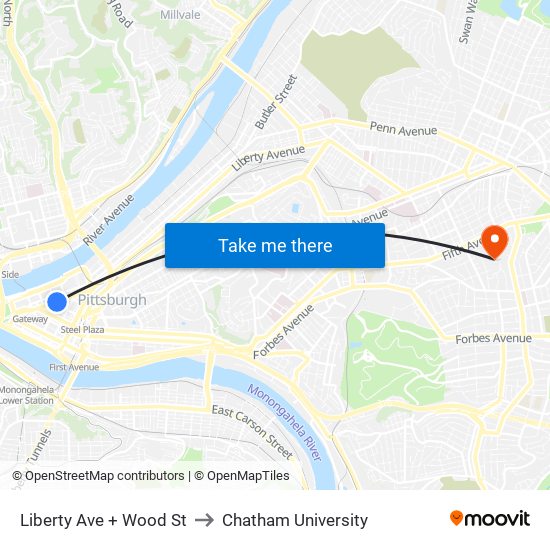 Liberty Ave + Wood St to Chatham University map