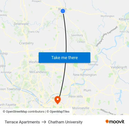 Terrace Apartments to Chatham University map