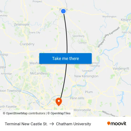 Terminal New Castle St. to Chatham University map