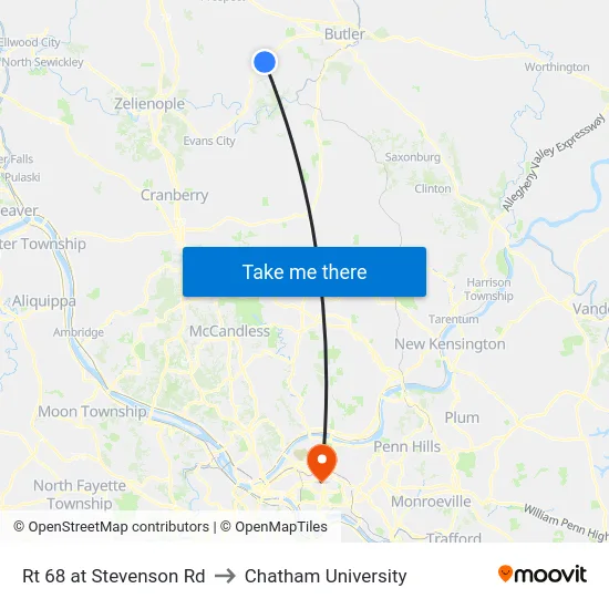 Rt 68 at Stevenson Rd to Chatham University map