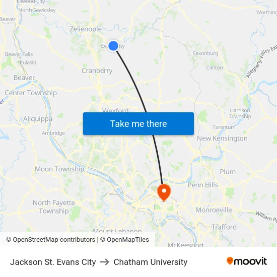 Jackson St. Evans City to Chatham University map