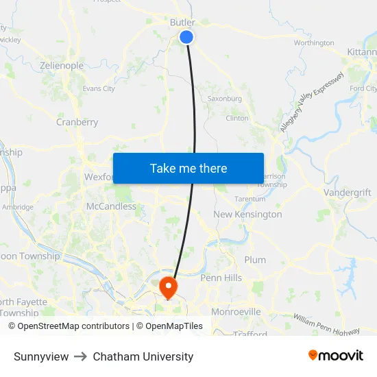 Sunnyview to Chatham University map