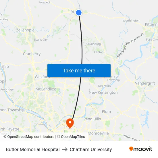 Butler Memorial Hospital to Chatham University map