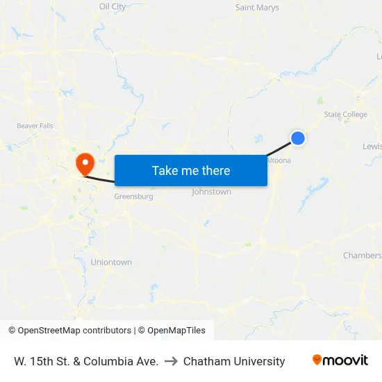 W. 15th St. & Columbia Ave. to Chatham University map