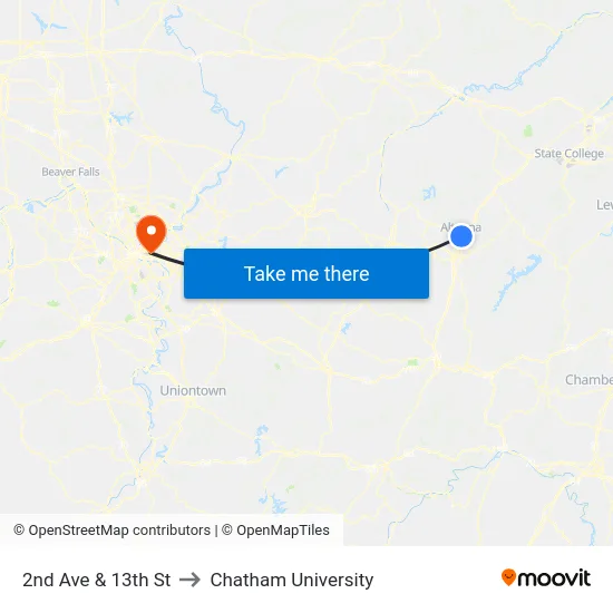 2nd Ave & 13th St to Chatham University map