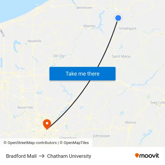 Bradford Mall to Chatham University map