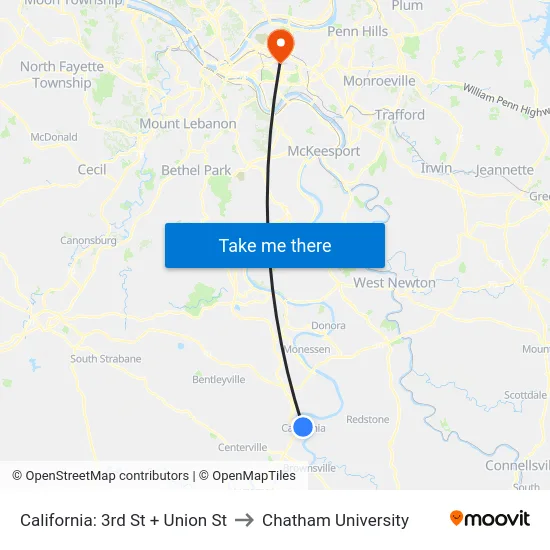 California: 3rd St + Union St to Chatham University map