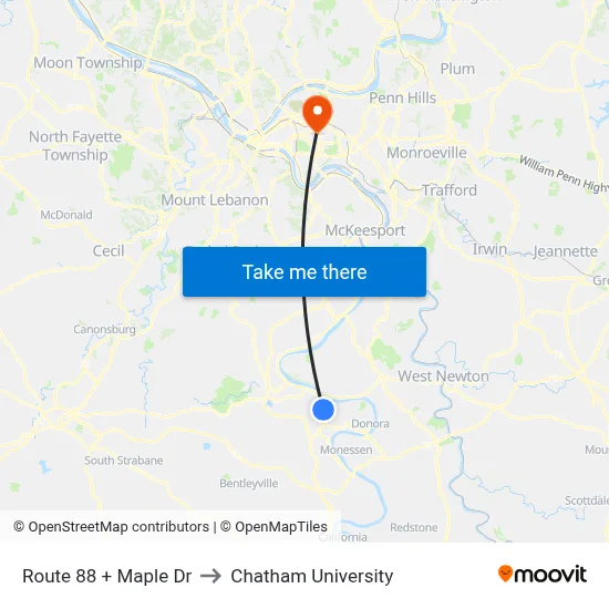 Route 88 + Maple Dr to Chatham University map