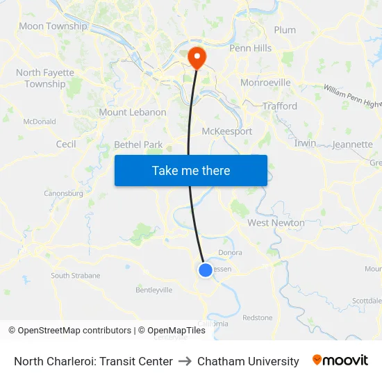 North Charleroi: Transit Center to Chatham University map