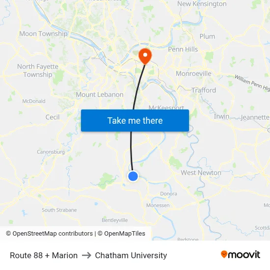 Route 88 + Marion to Chatham University map