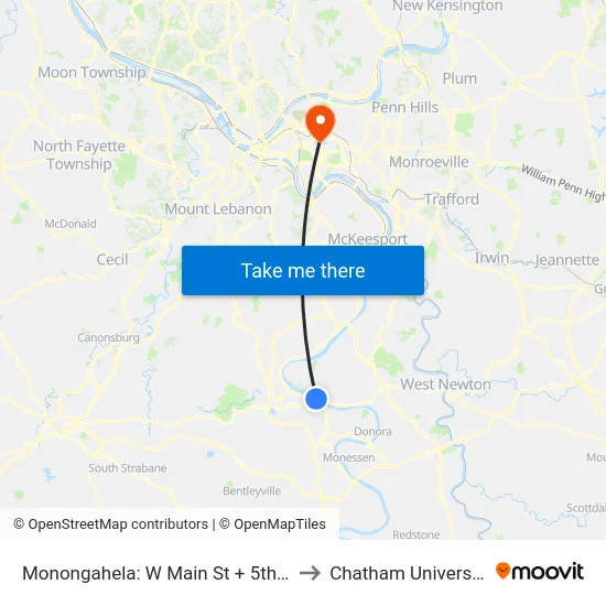 Monongahela: W Main St + 5th St to Chatham University map