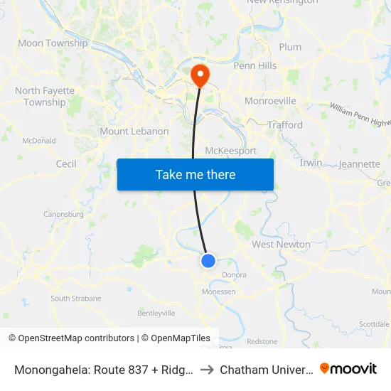 Monongahela: Route 837 + Ridge Ave to Chatham University map