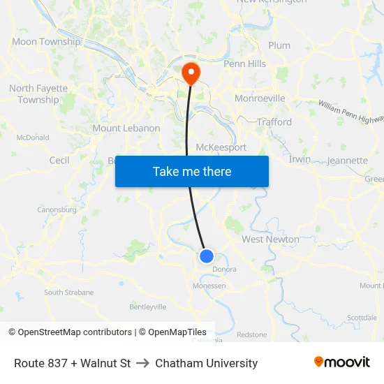 Route 837 + Walnut St to Chatham University map