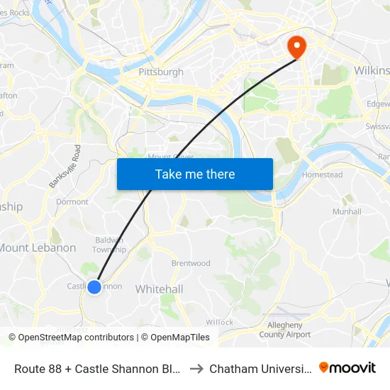 Route 88 + Castle Shannon Blvd to Chatham University map