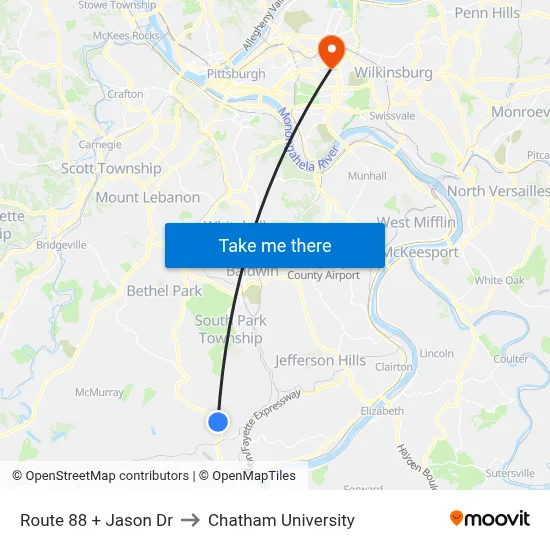 Route 88 + Jason Dr to Chatham University map