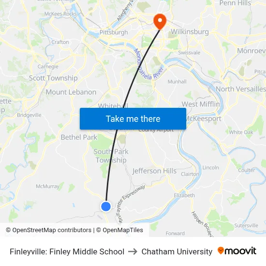Finleyville: Finley Middle School to Chatham University map